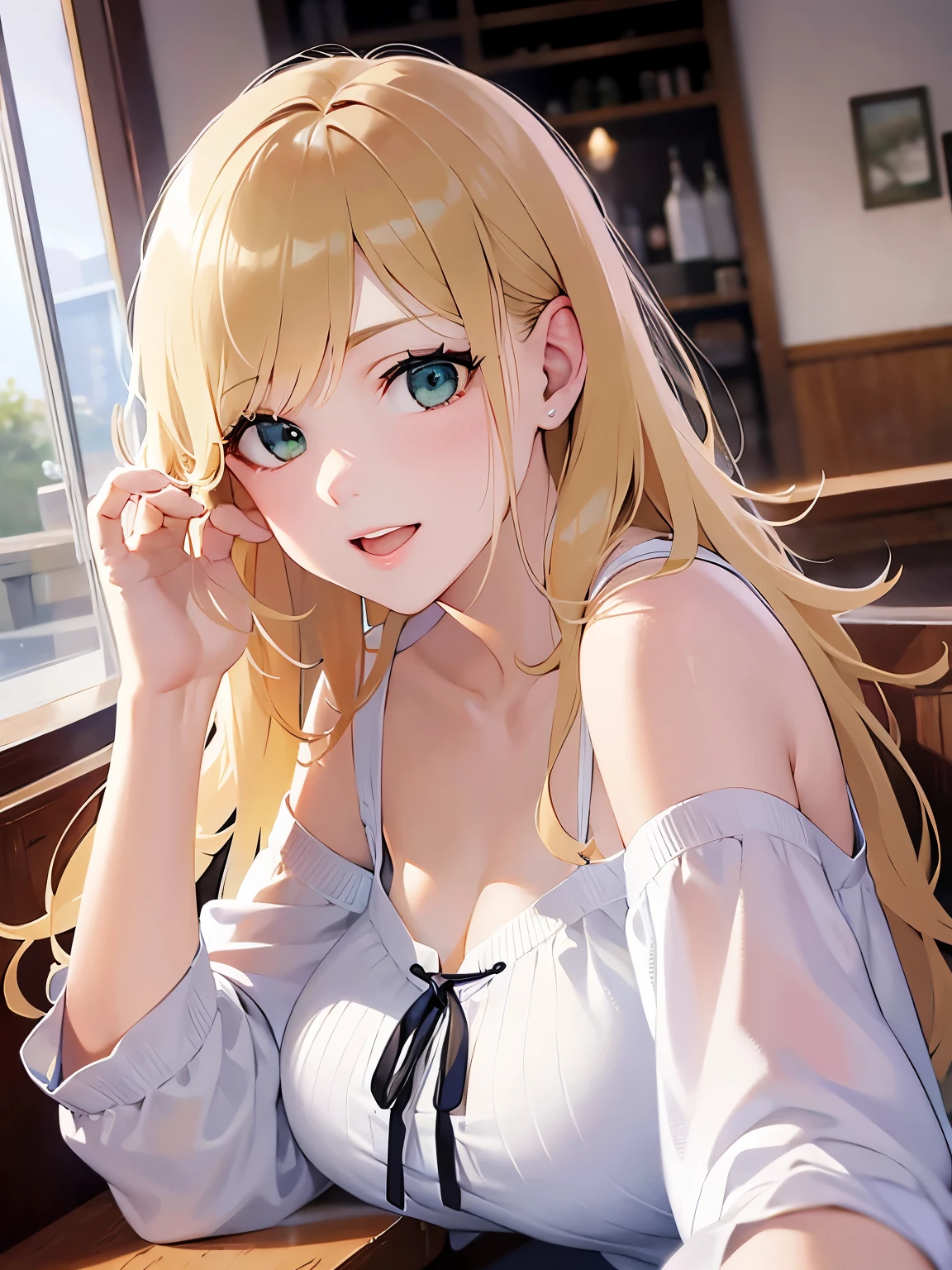 head tilt, waving hand,  Cleavage、Upper Body, Realistic, real person, (pale skin: 1.2), RAW photo, photorealistic, shiny skin, shiny hair、(A 25-year-old woman with medium-length hair and bangs) and (wavy hair) and (Blonde Hair) and (green eyes) , BREAK (white) and (off shoulder blouse) BREAK 、smile, open mouth, The background is the interior of a cafe、Alone、Are standing