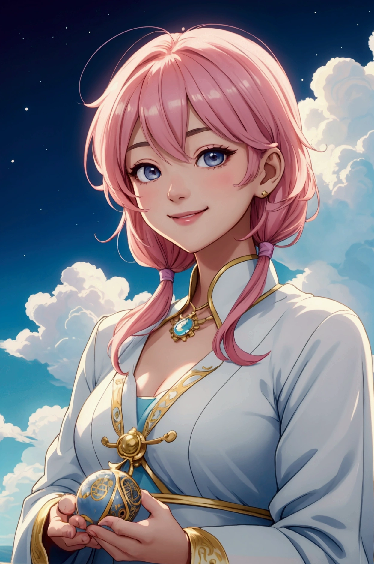A refreshing woman、Shortcuts、smile、masterpiece, Highest quality, Movie stills, bright, Anime Style, Happy, shine、Age 23、happiness、null、cloud、星null、Warm and soft lighting, Fortune teller's attire, mysterious、