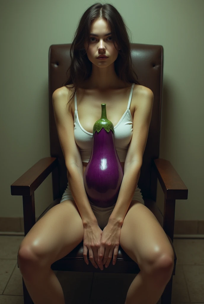 A girl sitting on a chair with a visible eggplant in her pussy
