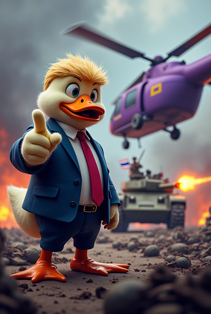 Purple helicopter shooting machine gun at the tank, battlefield background, dead soldiers on the ground, mafia duck with soft fur skin wearing a suit and pants and shoes with hairstyle of donald ????? standing on ground pointing finger forward, one soldier holding thailand flag behind