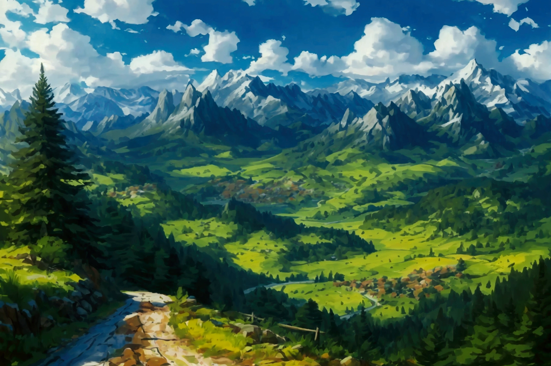 We are looking down into the Valley from a dirt road leading in, The Land is lush and green with a small lake, a river runs through the center of the valley, Small Medieval European style towns dot the landscape, There is a forest to the east, there is a swamp to the west, The mountains in the east are lush and green, the mountains in the west are spiny, craggy and snow capped,