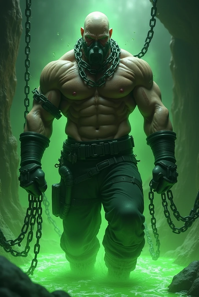Images of a fantasy character with adrenaline, bound in chains and a muzzle, wearing hoses and green liquid, dressed as a soldier