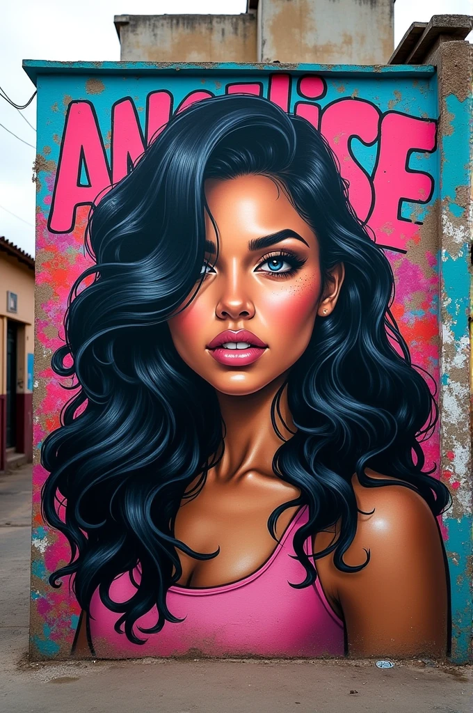 A 90s style graffiti with a Latina trans woman with black hair in a poor Mexican neighborhood that says Angelise with images of blunts