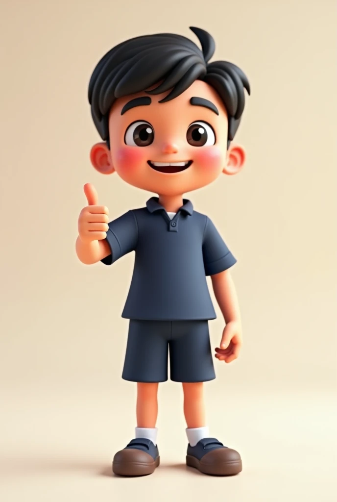 A cartoon boy wearing a dark blue short-sleeved school uniform and dark blue shorts is giving a thumbs up. He is rendered in 3D and is facing forward.