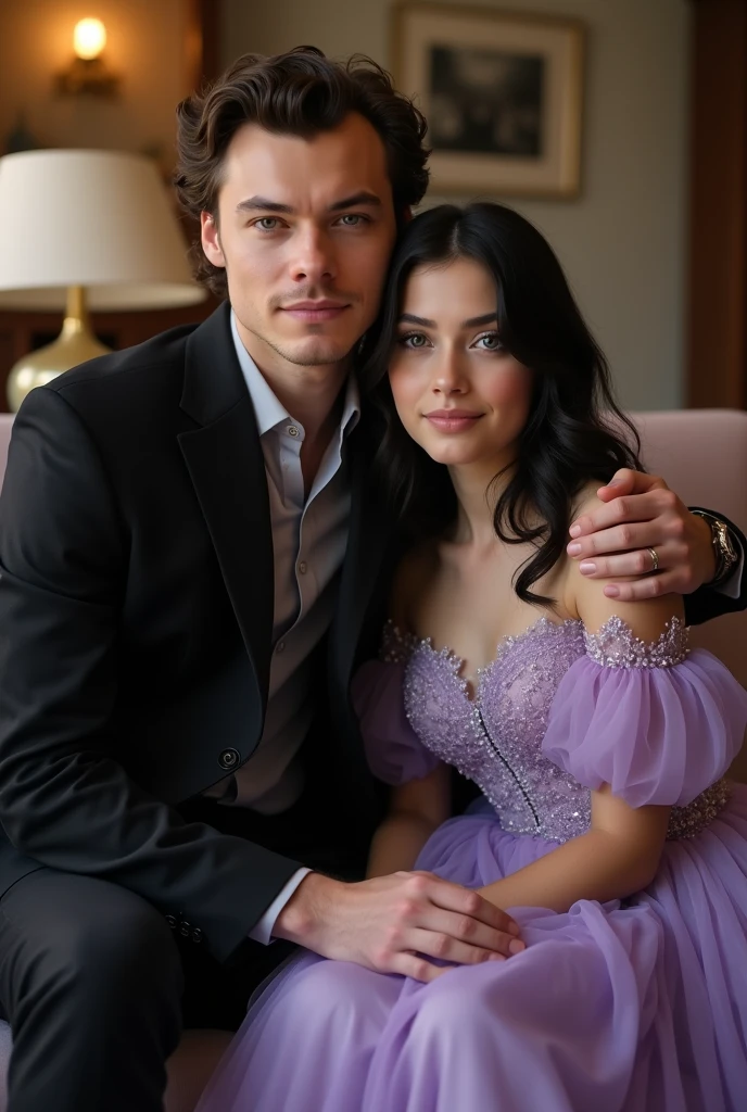 Harry Styles with his teenager daughter sitting in the living room for a photoshoot. He wears a black suit and his daughter wears a beautiful purple dress. His daughter has black hair, blue Eyes and dimples smilelike him, pale white skin. She was er. His sitting and his hand places on her shoulder. Harry Styles look like 20s face but actually his already 30s older