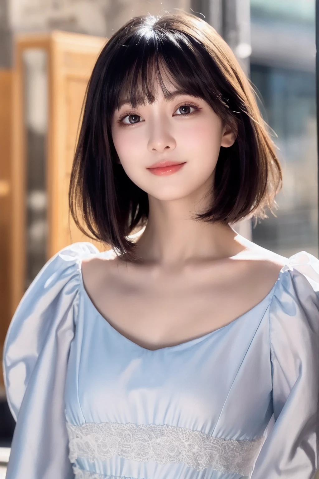 (8k, RAW Photo, Best Quality, Masterpiece:1.2), table top, Ultra Detail, Super Resolution, (Realistic, Realistic Photo:1.37), Portrait, High Detail RAW Color Photo, Professional Photo, Extremely Detailed and Beautiful, Extremely detailed, 8k wallpaper, amazing and detailed, huge file size, official art, highly detailed CG unity 8k wallpaper, highly detailed beautiful girl, highly detailed face, highly detailed eyes, highly detailed skin, highly detailed fingers, highly detailed nose, very detailed detailed mouth , perfect anatomy, highly detailed background, highly detailed clothes, 1girl, 17 year old girl, cute girl, realistic body, fair skin, glowing skin , slim body, handsome body, black hair , short hair, (blunt bangs:1.2), smile, cute, youthful, cute face, realistic face, delicate eyes, drooping eyes, looking at viewer, facing front, standing posture, Contraposto, dynamic lighting, ((face closeup)), (medium chest), (Perfect Body Proportions), (slender Body Proportions), (bedroom), super sexy pose, ((neat dress)),
