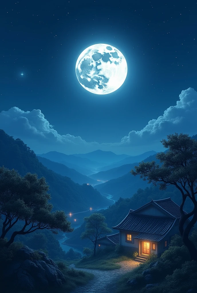 Purnima Ki Raat (Full Moon Night):** A serene night with a glowing full moon in the sky. The moonlight bathes the entire scene in a soft, silver hue, illuminating the trees, houses, and surroundings. The stars sparkle in the clear night sky.