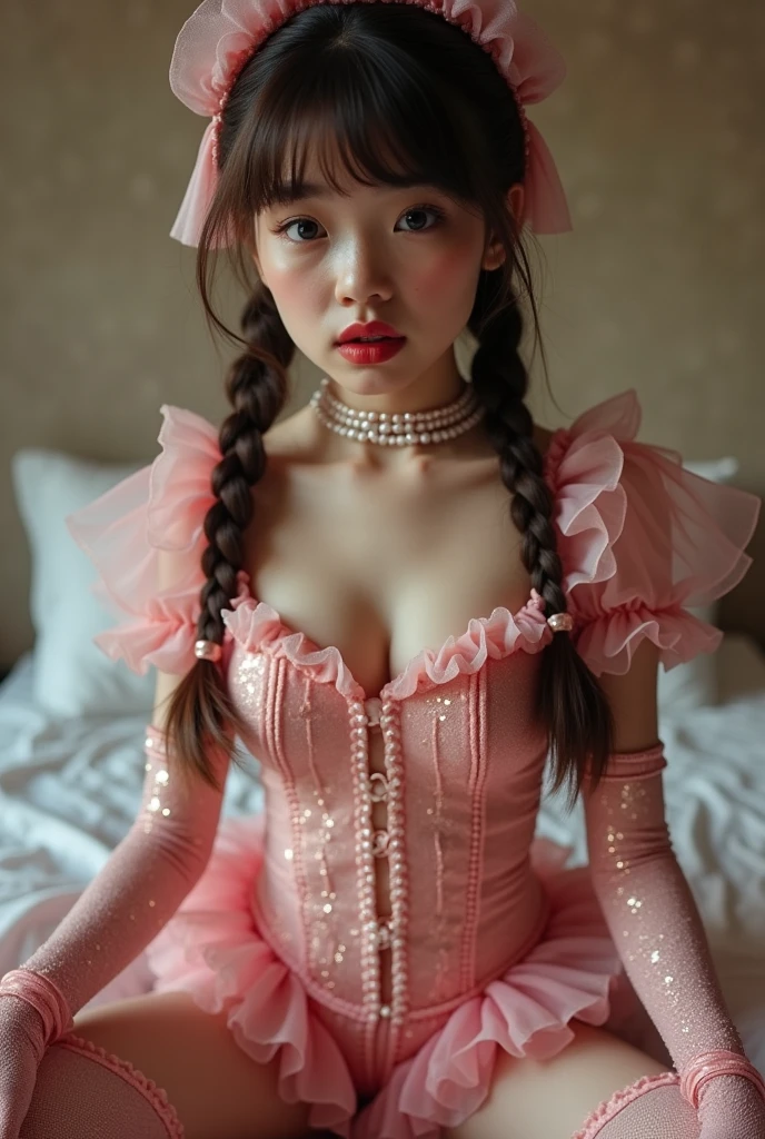 score_9, score_8_up, score_7_up, score_6_up, cinematic photo ,((padded:1.6) bright frilly ruffled (shiny glittering sparkly silky glossy satin nylon polyester plastic iridescent pearlescent smooth:1.4)) clothing, BREAK, 1girl, (cute,adorable:1.6), (skinny   body:1.9), pinafore (bib frilled high cut romper), leg frills, (highleg one-piece), (glittering elbow gloves), (cameltoe), slim skinny hourglass figure, cute adorable face, (thick full eyebrows, furrowed brow), brunette, glossy red lips, pale, freckles, blushing, bows, ribbons, hairbow, (thick pink braids, blunt bangs), thighhighs, garter straps, shy, embarrassed, bedroom, volumetric lighting, 35mm, glamour shot, depth of field , (intricately detailed:1.3), (best quality:1.4),(best image:1.4)