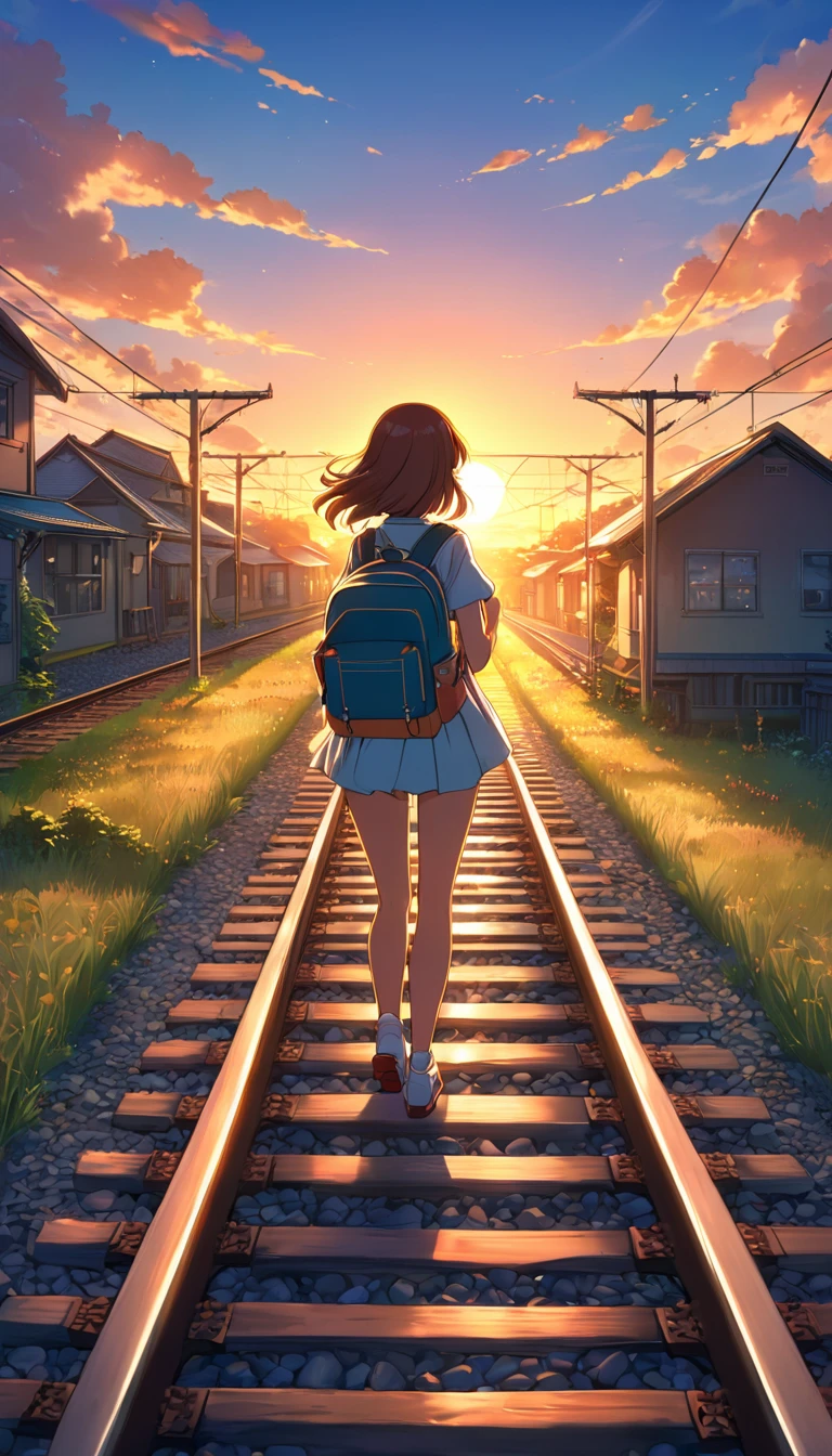 anime girl walking on train tracks with a backpack and a backpack, watching the sun set. anime, beautiful anime scene, anime background art, anime landscape, anime background, beautiful anime scenery, anime beautiful peace scene, style of makoto shinkai, makoto shinkai cyril rolando, going forward to the sunset, inspired by Makoto Shinkai, anime scenery