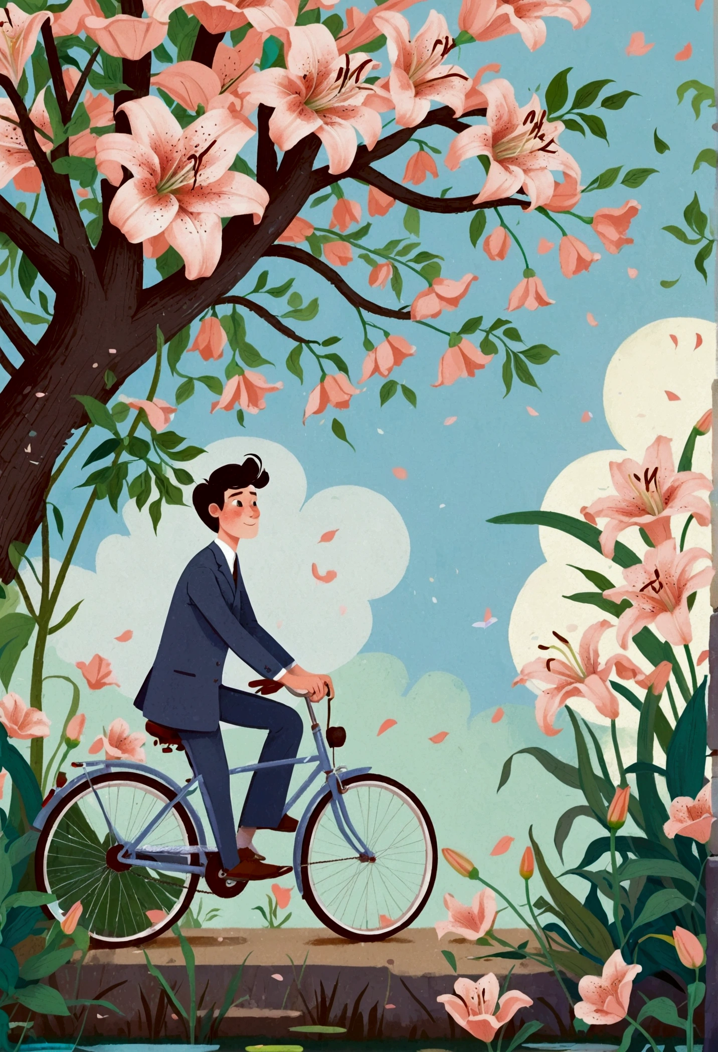 a portrait of Bicycle, the background is the petals of an oversized lily, with a men, The flower has green stamens and long leaves, creating a dreamy effect. In light pink and sky blue tones, this illustration features cartoon characters and vector graphics. It was created using digital painting in the style of artists such as award winning illustrators 