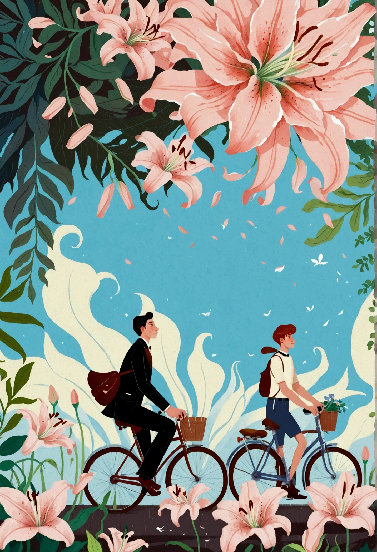 a portrait of Bicycle, the background is the petals of an oversized lily, with a men, The flower has green stamens and long leaves, creating a dreamy effect. In light pink and sky blue tones, this illustration features cartoon characters and vector graphics. It was created using digital painting in the style of artists such as award winning illustrators 