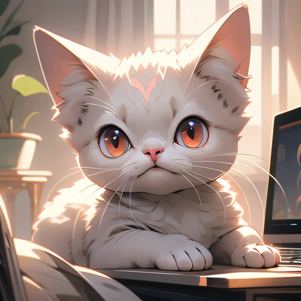 araffe cat sitting on a blanket in front of a laptop computer, a pastel by Alexander Brook, reddit, renaissance, he has short curly brown hair, hyperdetailed!!, hyper detailed!!, sphinx cat, hyperdetailed!!!, large red eyes!!!, he has an elongated head shape, gorgeous features, hairless, looking defiantly at the camera