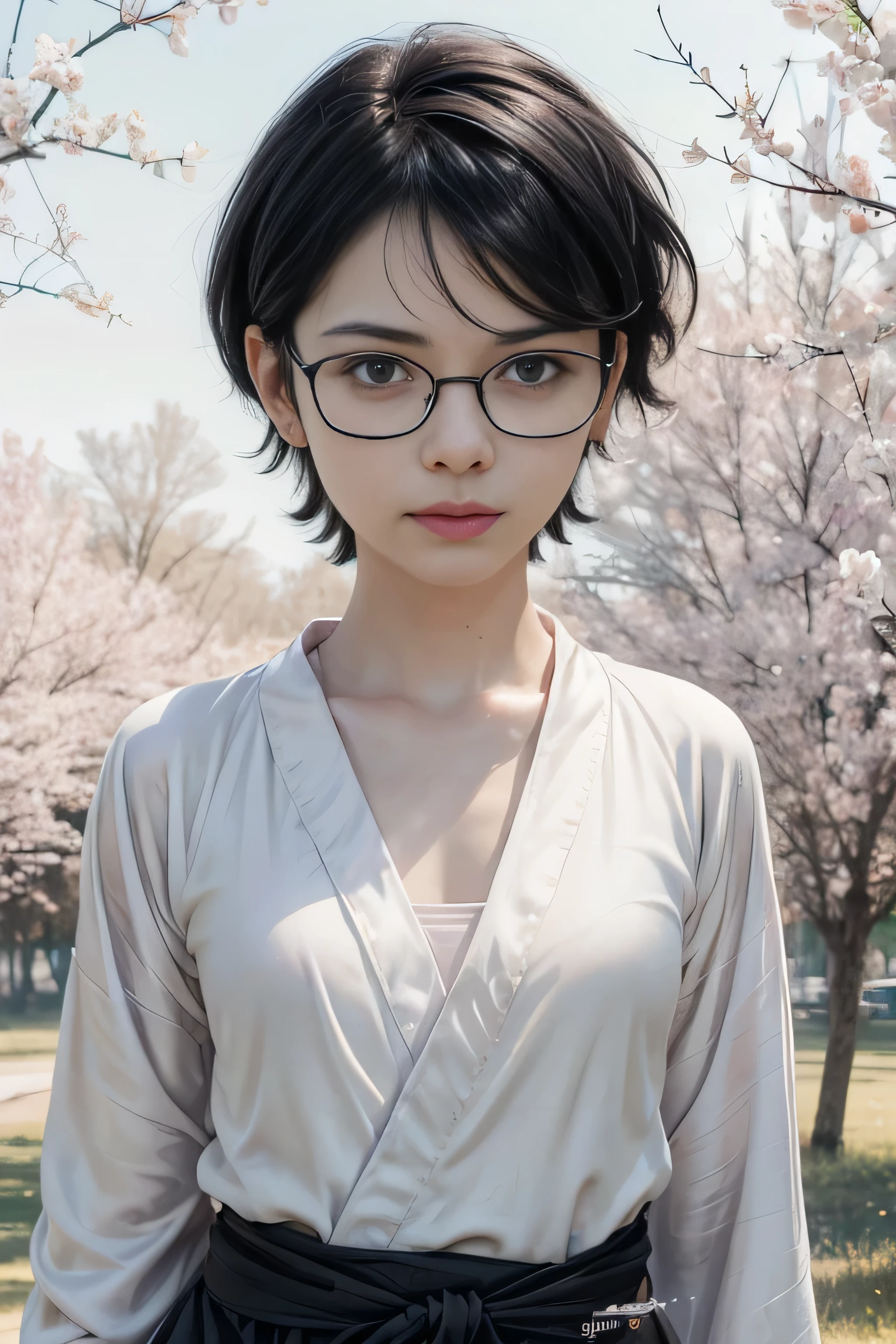 masterpiece, best quality, (realistic,photo-realistic:1.4), (RAW photo:1.2), extremely detailed CG unity 8k wallpaper, delicate and beautiful, amazing,finely detail, official art, absurdres, incredibly absurdres, huge filesize, ultra-detailed,extremely detailed eyes and face,light on face,sarada,(little smile:1.2),(black hair:1.4),(wearing white robe:1.5),(very short hair:1.4),nature,sarada uchiha ,(wearing black framed glasses:1.5),(nature background:1.4)