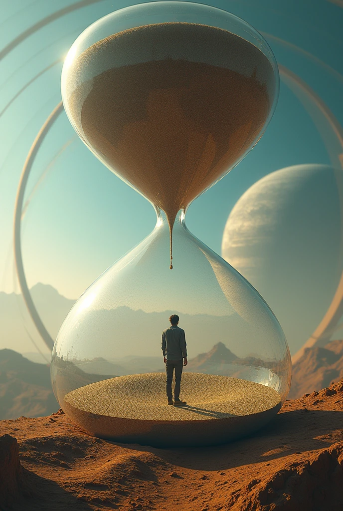 A man inside an hourglass on a distant planet with rings