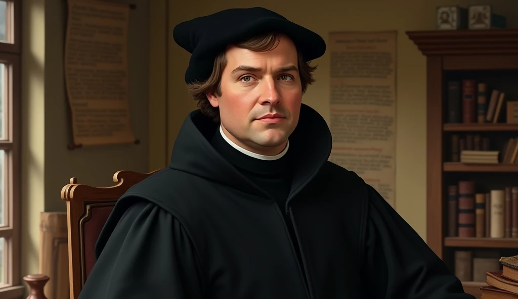 Portrait of Martin Luther with authentic historical characteristics. He is dressed in a black robe and a period hat, With short hair and a neatly trimmed beard. Luther has a serious and thoughtful expression, reflecting his posture as a theologian and reformer. The background could be a simple office environment or a study room, with ancient books and scrolls around him. Lighting should be soft, highlighting his face and traditional attire, capturing the dignity and impact of his figure."