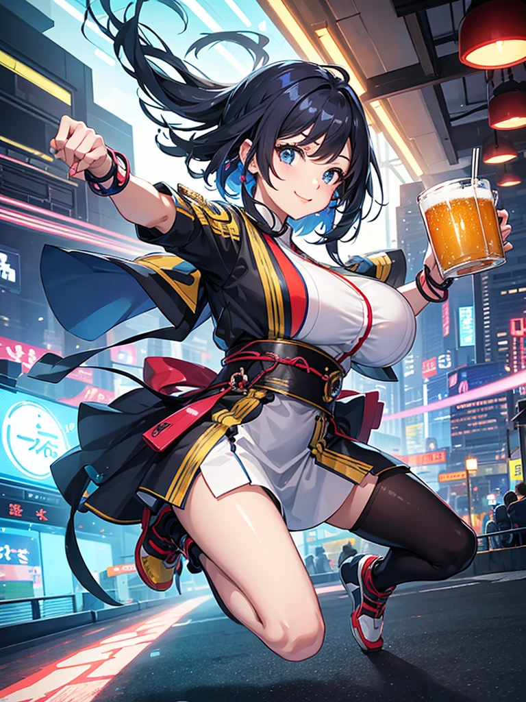 In a futuristic Tokyo setting, a lively Japanese girl is having a great time in a bustling izakaya, holding a large mug of beer in one hand and wearing a bright, cheerful smile. She’s dressed in trendy fashion with the latest hair color and hairstyle that reflects current trends. The surroundings are vibrant, with neon lights and sleek, modern décor that blends traditional and futuristic elements. She strikes a variety of poses, showing off her outfit and energy. The image should be highly detailed, with perfect and accurate anatomy, high resolution, and sharp clarity.