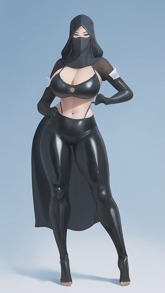Bowei, (lifelike, high - resolution:1.3) , full body , 1 girl with a perfect body, Super fine face and eyes,slong hair, diamond midriff of black colors:1.2, black shiny leggings,face veil, big ,Expose cleanja pose, satin gloves.