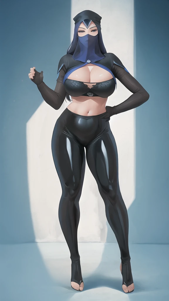 Bowei, (lifelike, high - resolution:1.3) , full body , 1 girl with a perfect body, Super fine face and eyes,slong hair, diamond midriff of black colors:1.2, black shiny leggings,face veil, big boob,Expose cleavage, ninja pose, satin gloves.