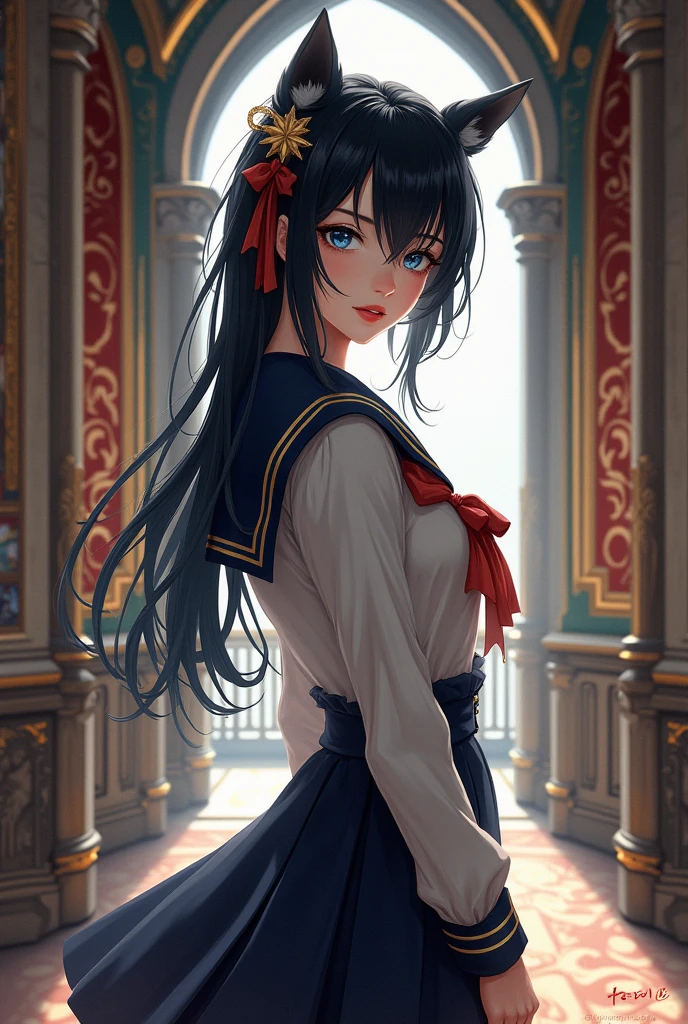A realistic Genshin Impact style art of a young Western girl, with pale skin, Raven-black hair, blue colored eyes, Red lips, wearing school uniform, in an ancient castle hallway