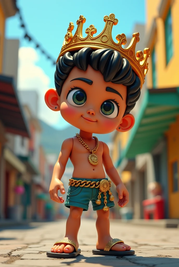 Black Rio de Janeiro Toy, peripheral, with crown and gold chain, short shorts and flip flops. Toy ART, urban ART,