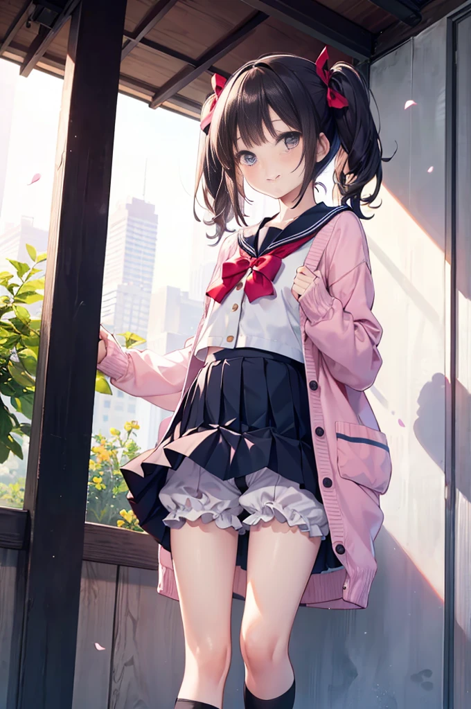 (masterpiece), 4K,beautiful girl,Sailor suit,,Pink cardigan small chest,Small Ass,Black hair twin tails,Realistic, skinny, smile,((,Wear bloomers under your skirt)),Are standing,((Pleated skirt)),Angle from below,tea time