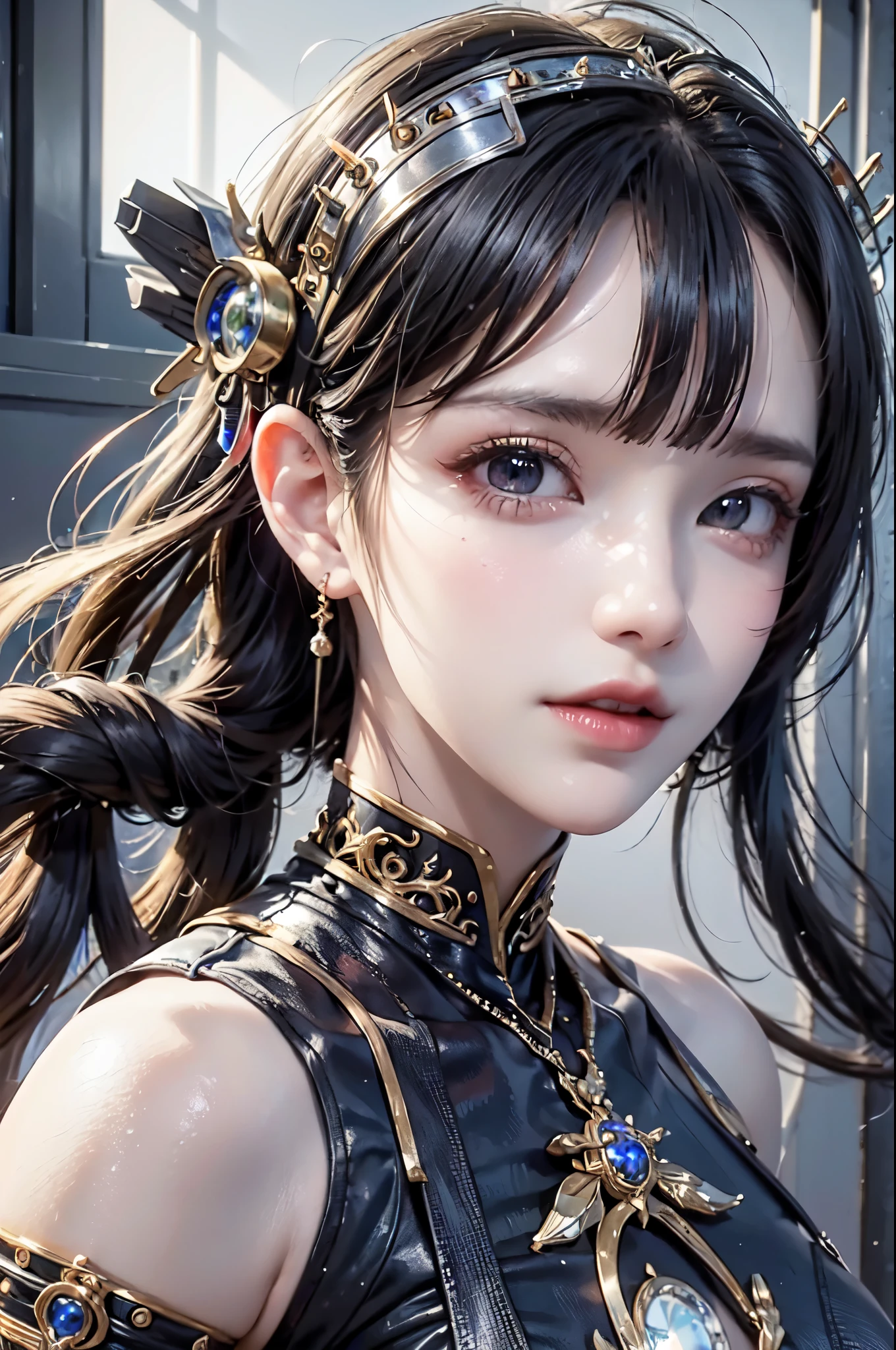 NSFW,((top quality、8k、masterpiece:1.3))Wears a silver-white mech,girl with delicate face,Highest image quality,Ultra-clear,Delicate and clear facial features,end of the world,Mechanical arm,Exquisitely detailed mechanical pattern,Cyberpunk characters、numbercity、number、century、throne、(((Completely naked)))