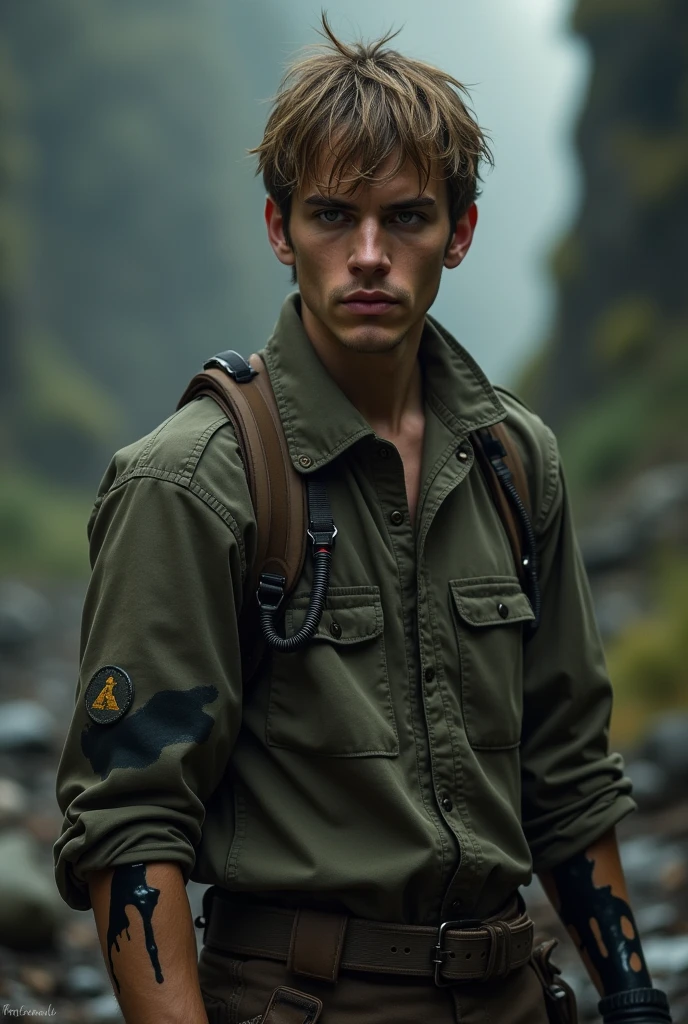 Make a young man 23 years old, that has short and disheveled hair , light brown, The clothing will be a hunter-style uniform that has the entire arm covered in a black liquid.