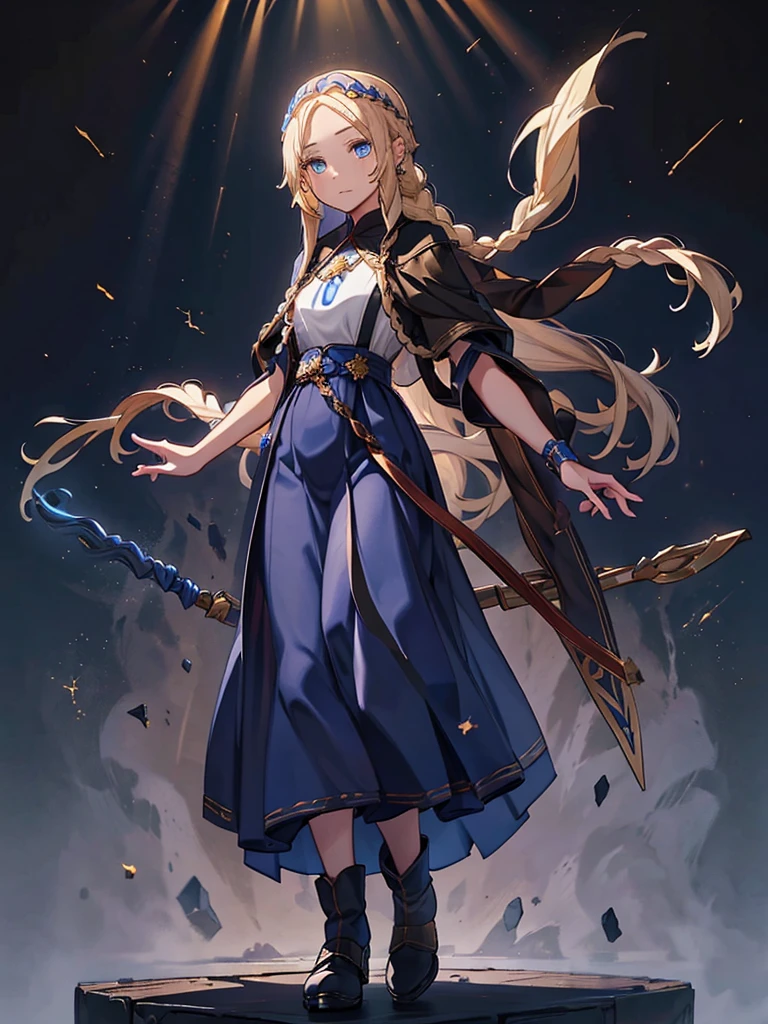 Black background with spotlight, fantasy class,saint, One person,holy, braided blonde hair,Medium Hair, blue eyes, Blue Earrings, 白いholyドレス,long heavy dress, (saint holy hin:0.8), Cowboy Shot,Looking_in_Audience