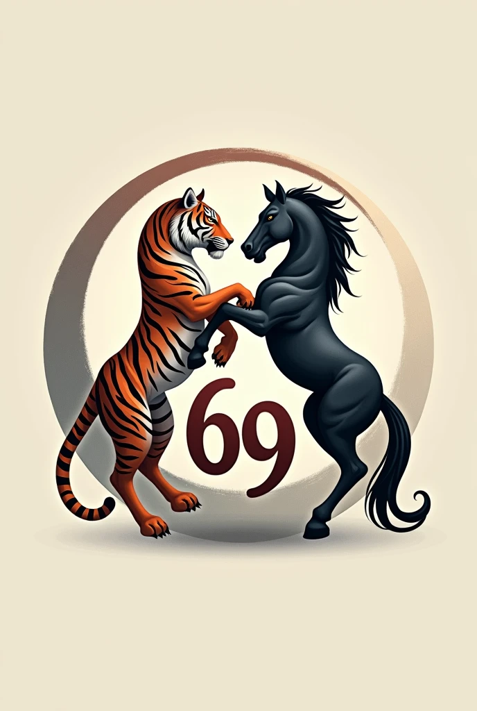 The logo has the number 69 in the center, with a tiger on the left and a horse on the right, with the horse facing the tiger's rudder and the tiger facing the horse's tail in a yin and yang pattern, in a realistic art style.