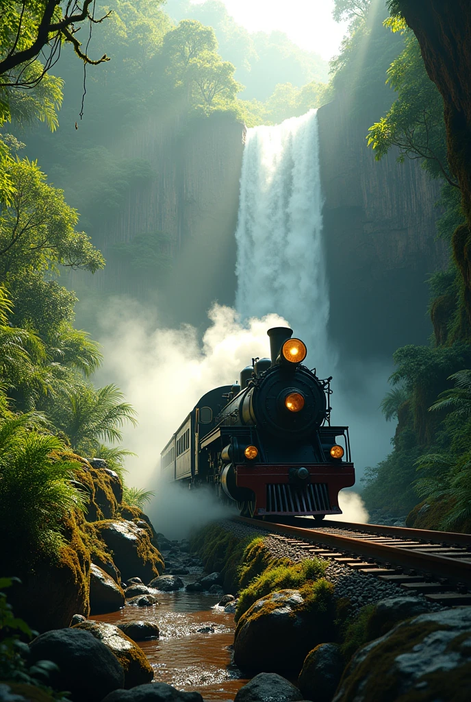 A train passing through a lush, overgrown jungle landscape with a towering waterfall in the background, intricate foliage, sunbeams filtering through the canopy, wet rocks, mist, wet foliage, detailed locomotive, steam, dynamic motion blur, photorealistic, cinematic lighting, vibrant colors, dramatic composition