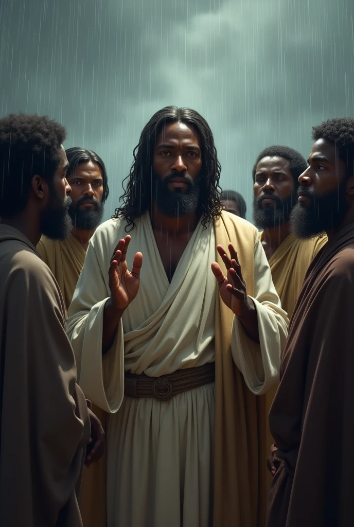 Create black jesus talking to his disciples in the rain looking at the camera 

