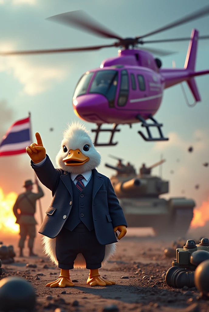 Purple helicopter shooting machine gun at the tank, battlefield background, dead soldiers on the ground, mafia duck with soft fur skin wearing a suit and pants and shoes with hairstyle of donald trump standing on ground pointing finger forward, one soldier holding thailand flag behind