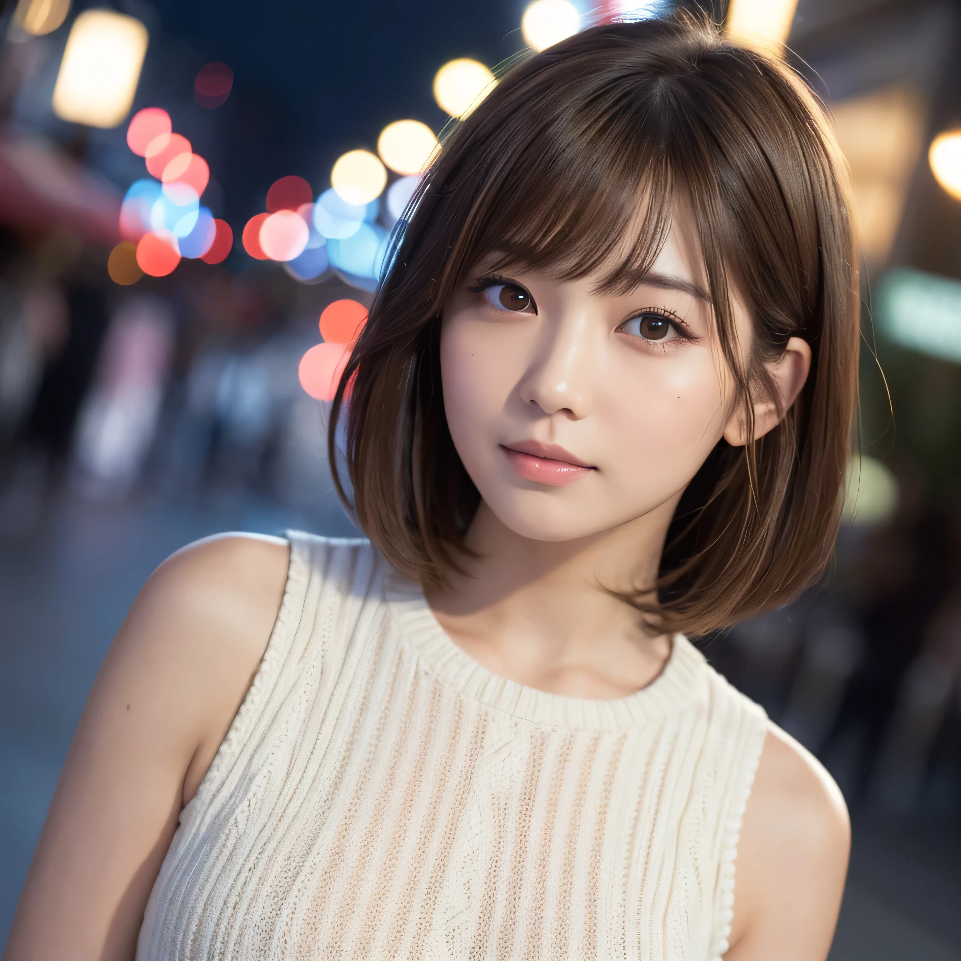 masterpiece, 1 beautiful girl, detailed eye, puffy eyes, top-quality, ultra high resolution, (8K), (reality:1.4), daytime, at street, cinematic lighting, asian beauty, super beauty, beautiful skin, body facing forward, (hyper-realistic), (highly detailed), (beautifully detailed eyes), detailed face, bright lighting, professional lighting, looking at viewer, facing straight ahead, cream knitted dress, light brown hair, bangs, short bob hair, Japanese idol, Korean idol, gravure idol pose, (accurate anatomy:1.1),