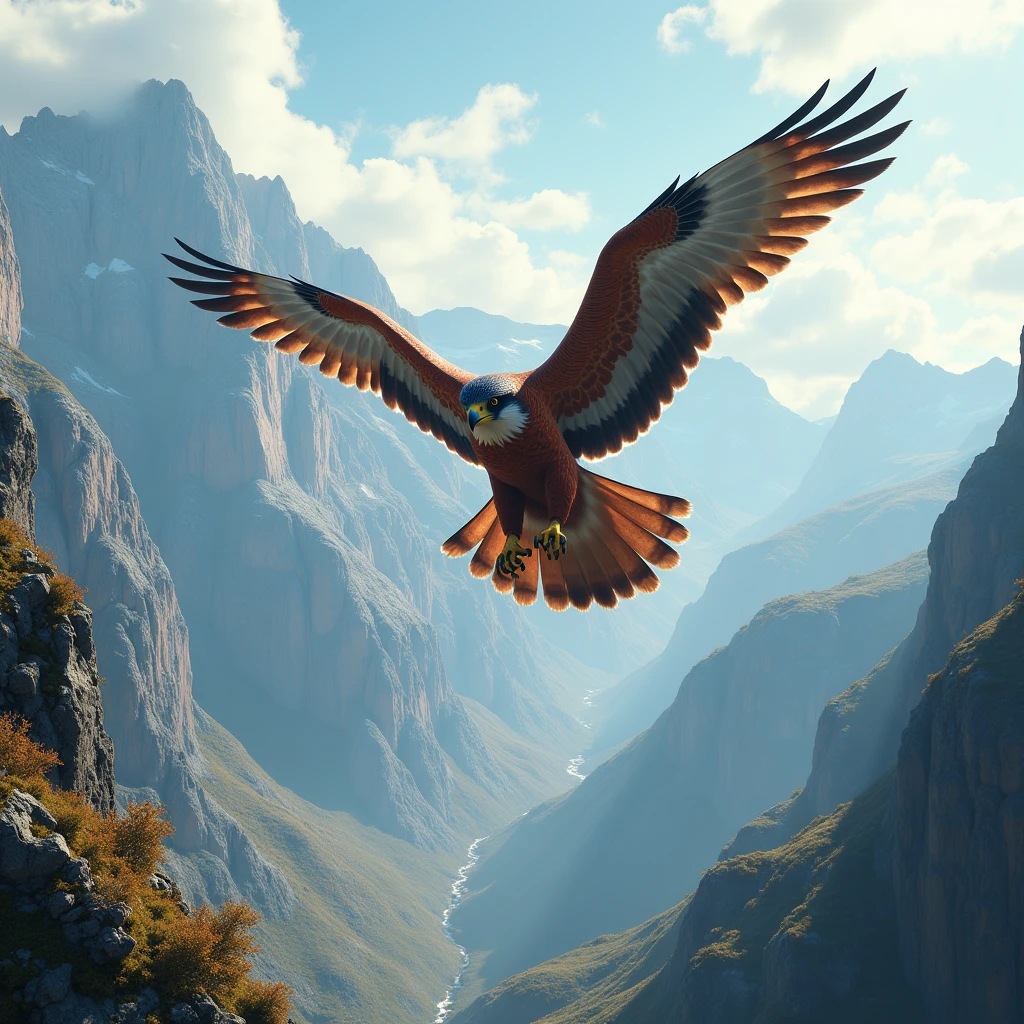 Create a majestic falcon in mid-flight with its wings spread wide, soaring above a rugged mountain range. The scene should capture the bird's strength and grace.