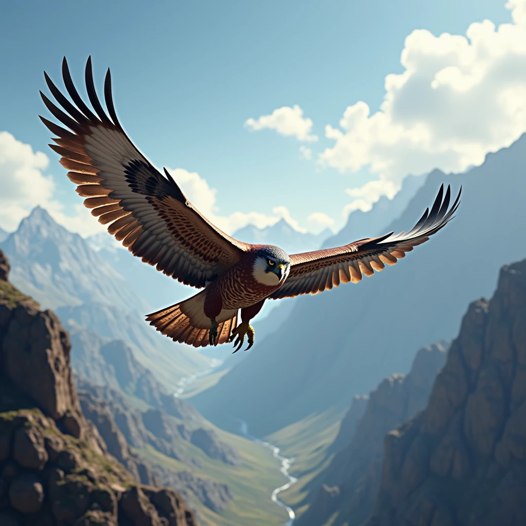 Create a majestic falcon in mid-flight with its wings spread wide, soaring above a rugged mountain range. The scene should capture the bird's strength and grace.