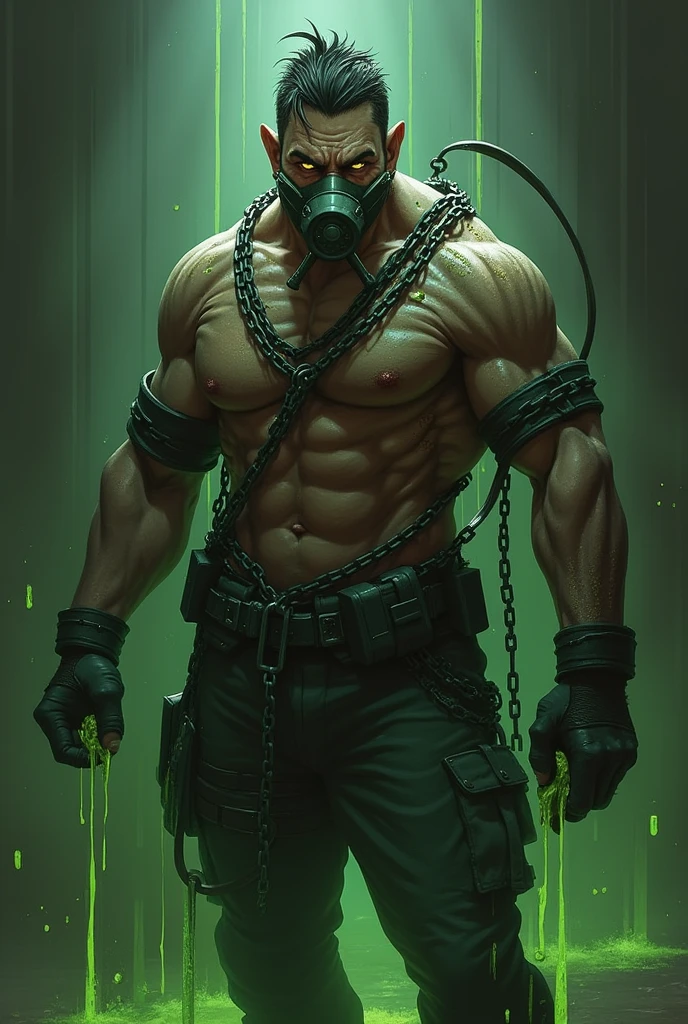 Images of a fantasy character with adrenaline, bound in chains and a muzzle, wearing hoses and green liquid, dressed as a soldier 