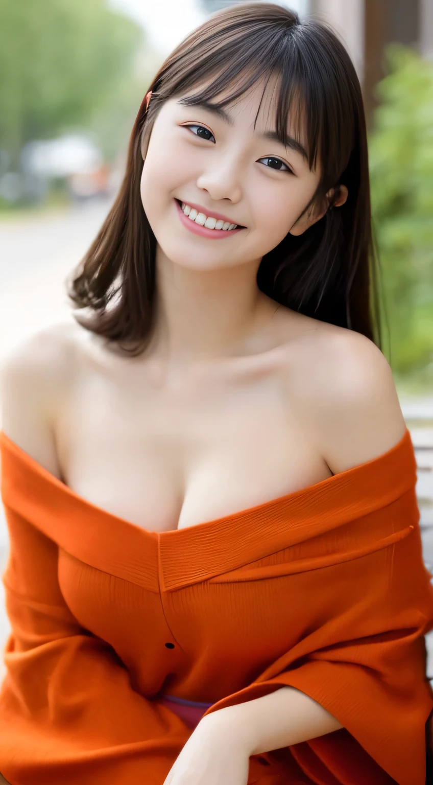 masterpiece,best quality,(Japanese girl),((Beautiful girl)),cleavage,(off shoulder:1.2),(perfect body beauty:1.2),(shy smile),beautiful teeth,From slightly above