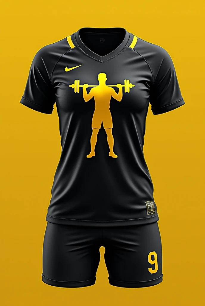 For a black women's soccer uniform, With a design of a muscular man silhouette in profile lifting dumbbells vectorized where a design with strokes and lines in black and yellow tones is shown simulating that rays come out of the body throughout the shirt, you could consider the following:
In Camisa:

Color Base: negro.
Brand : nike
Design: A design on one side of the shirt with a silhouette of a muscular man lifting weights vectorized in yellow and black tones, perhaps with a graphic style
Shorts: negro con amarillo 

Color Base: negro.
Details: They could have small accents in yellow to complement the design of the shirt.

socks: