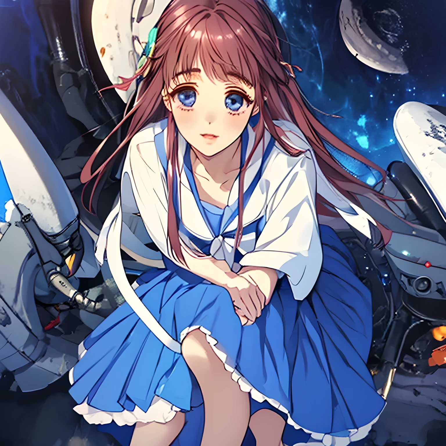 (masterpiece, Highest quality: 1.2), (Very beautiful fantasy digital artwork: 1.0), (A smiling  wearing a sailor uniform, Glossy lips, Beautiful white hands and feet: 1.0), (Beautiful glossy pink super long hair, Trimmed bangs), (Navy blue sailor dress, Navy blue collar of sailor suit, dark blue jacket, Dark blue sleeves, A long, navy blue pleated skirt, crimson scarf, Dark brown loafers:1.2), (Large cute blue eyes as beautiful as Venus with cutely detailed: 1.6), (Laughing at me: 1.2)