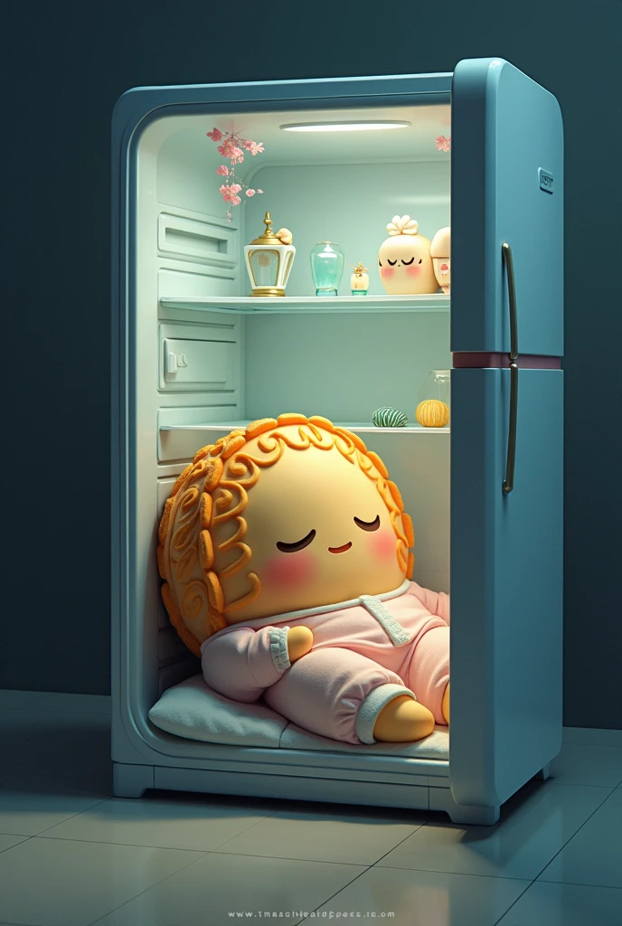 A mooncake wearing pajamas is lying in a giant refrigerator.,Fantasy