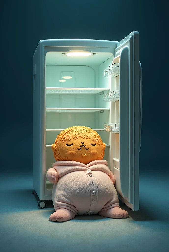 A mooncake wearing pajamas is lying in a giant refrigerator.,Fantasy