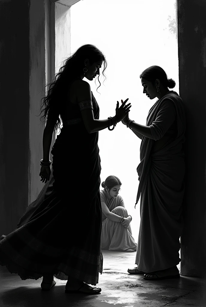 Black shadow image of A  Indian female wearing saree  fighting with males goons in one side of the pic and a women sitting and crying in corner in other side of the image 