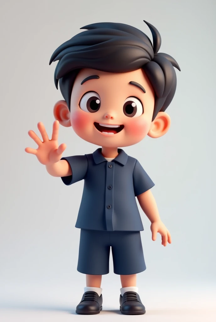 A cartoon boy in a dark blue short-sleeved school uniform and dark blue short pants is raising his hand in a greeting pose. He is in a 3D style with a front-facing view.