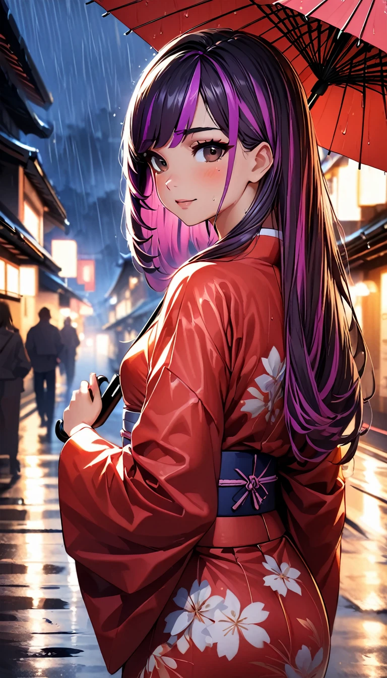 (highest quality:1.2, Very detailed, up to date, Vibrant, Ultra-high resolution, High Contrast, masterpiece:1.2, highest quality, Best aesthetics), Portraiture、girl、((25-years-old:1.7)), (holding up umbrella:1.6), traditional Japanese kimono, long sleeve, red kimono, loose fit, Bright colors、Beautiful fine details、Beautiful lip detail, long hair、black and purple ((streaked hair:1.6)), highlights hair: 1.5, brown eyes, ((slim body:1.4)), (small breast:0.7), (dark skin:0.5), rainy day, rain night, street in Kyoto, wet street, looking back, (cowboy shot),