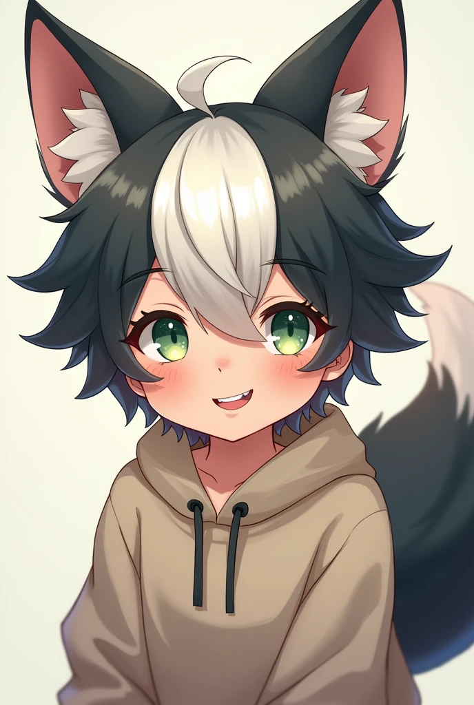 20-year-old boy , high, with fox ears and tail, his hair is white with black tips on his ears, his eyes are pastel green, smiling and showing his cute fangs