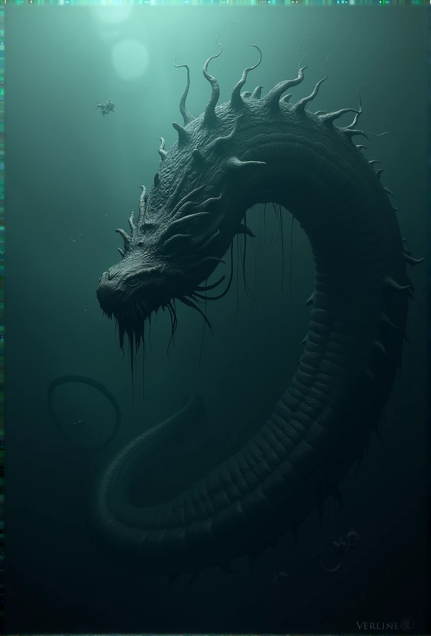 Unreal Engine, Octane Render,  A huge mysterious sea creature. Deep sea. The body length is 100 meters. The creature has an eerie, amorphous shape that resembles a cross between a giant snake and a whale, with shadow tendrils extending from its body. The surrounding sea gives an eerie and creepy impression.