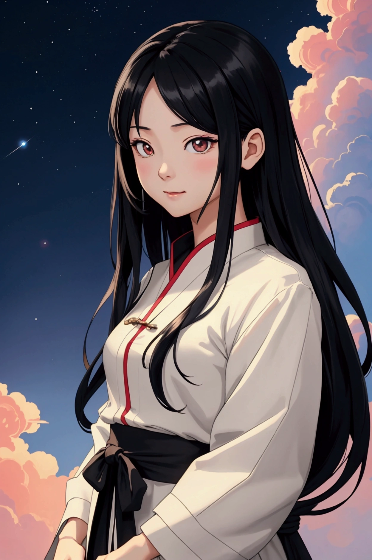 Anime Styleに変身, 誇張された独特のface立ちと服装, A backlit background that highlights the subject, High contrast color, 4K High Resolution,young, 笑face, Beauty、face、masterpiece, Highest quality, Movie stills, bright, Anime Style, Happy, shine、Age 23、Black Hair、long hair、happiness、null、cloud、星null、Warm and soft lighting, Fortune teller's attire, mysterious、