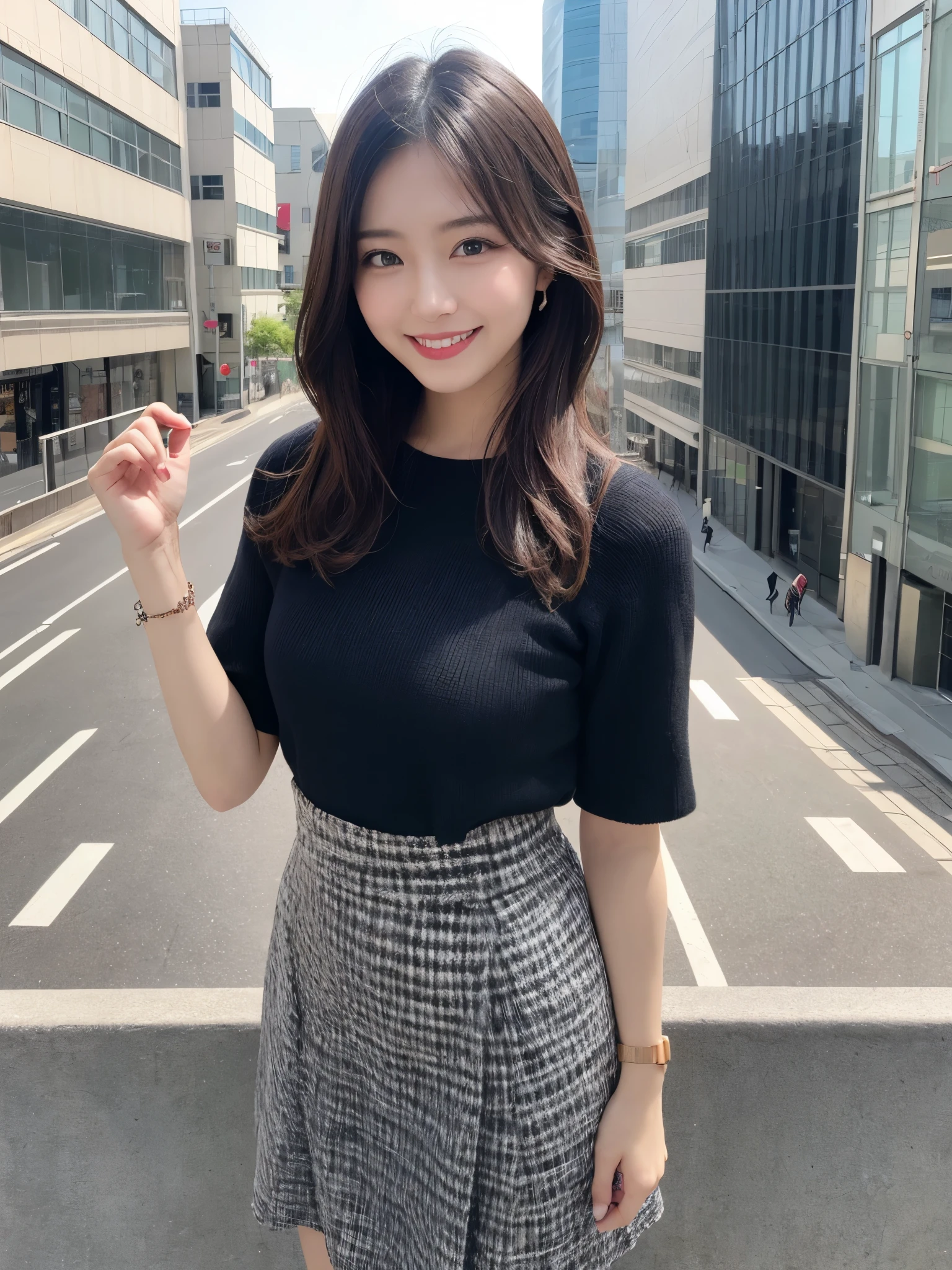 1girl, , cute and beautiful, solo, highres, best_quality, masterpiece, detailed_background, intricate_details, beautiful, osaka, abeno_harukas, skyscraper_view, modern_fashion, cityscape, smile, looking_at_viewer, dynamic_pose, natural_pose, candid, happy