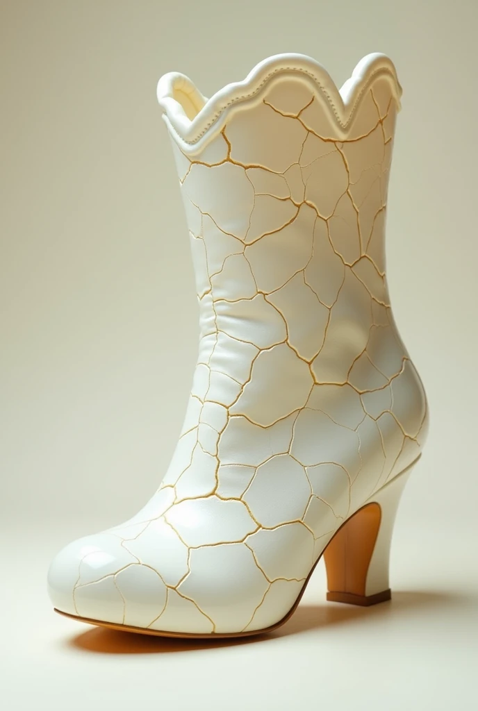 Make an egg boot, a white boot with some baby yellow tones, simulating the eggshell, faça que tenha detalhes de cracks de ovo, cracks