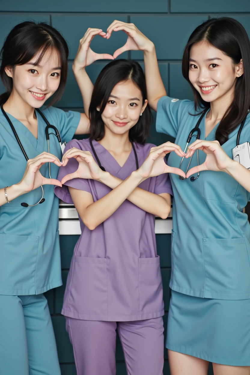 photograph, cowboy shot, three women with hands together making heart shape, smiling beautiful Japanese female nurses wearing nurse uniform, hourglass figure, beautiful detailed face, black hair, pale skin, fair skin, realistic skin, detailed cloth texture, detailed hair texture, Perfect proportion, Anatomically correct, Highly detailed face and skin texture, private modern hospital room, looking at viewer, asian face , perfect anatomy, realistic